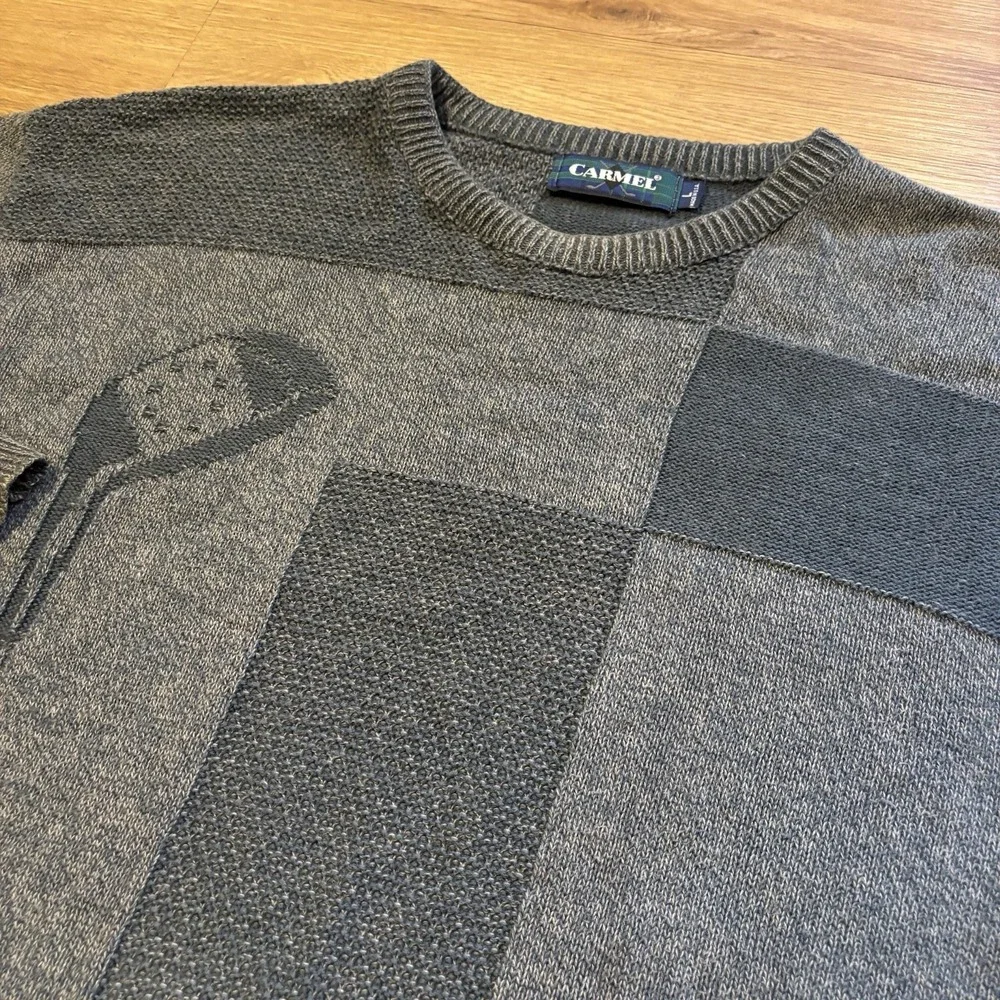 VTG 90s Carmel Sweater Men's Large Green Patchwork Golf Clubs Cotton Knit USA